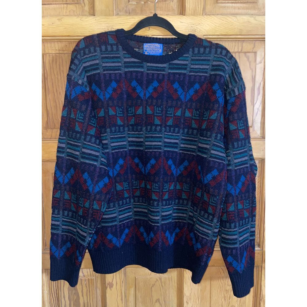Vintage 80s Pendleton Wool Blue & Burgundy Geometric Sweater Size‎ | M
